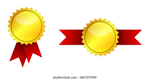 Gold medal with red ribbons. Vector illustration. Set of golden medals isolated on white background