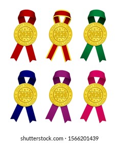 Gold medal & ribbon for 2020 new year greeting ornaments vector illustration set