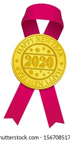 Gold medal & ribbon for 2020 new year greeting ornaments vector illustration / pink