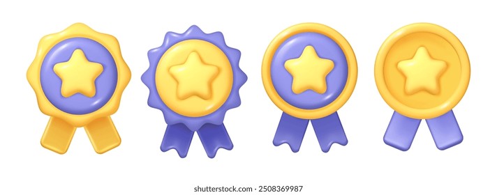 Gold medal with ribbon, certificate for winner or champion of game or challenge. Vector isolated icons of award or reward for first place, best score or result. Game prize for achievement