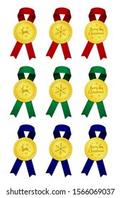 Gold medal & ribbon for Christmas ornaments vector illustration set