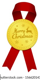 Gold medal & ribbon for Christmas ornaments vector illustration / merry christmas, red ribbon.
