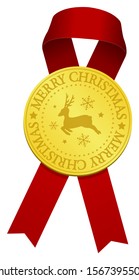 Gold medal & ribbon for Christmas ornaments vector illustration / merry reindeer , red ribbon.