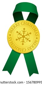 Gold medal & ribbon for Christmas ornaments vector illustration / merry snowflake , green ribbon.