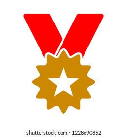 Gold medal with ribbon for first place. Trophy, winner award isolated on white background. Golden badge icon. Sport, business achievement, victory concept. Vector illustration. Flat style design