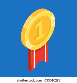 Gold Medal With Ribbon. First Place. Flat 3d Vector Isometric Illustration.