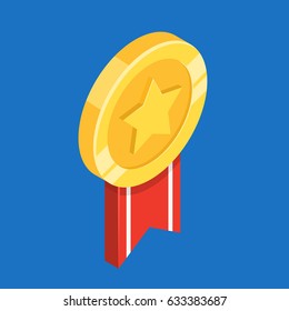 Gold medal with ribbon. First place. Flat 3d vector isometric illustration.