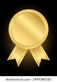 Gold medal with ribbon, Golden Gradient Badge Round circle and Shiny ribbon Realistic Vector with Decorations for winner sports awards , medallions for champion, anniversary or even celebration