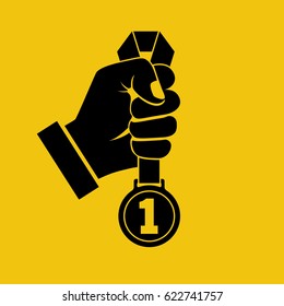 Gold medal with ribbon in hand black silhouette. Sportsman winner is awarded prize for the first place. Vector illustration flat design style. Pictogram victory isolated on yellow background.