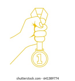 Gold medal with ribbon in hand yellow line silhouette. Sportsman winner is awarded prize for the first place. Vector illustration minimal design style. Pictogram victory isolated on whate background.
