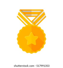 Gold medal with ribbon. Vector icon. Yellow