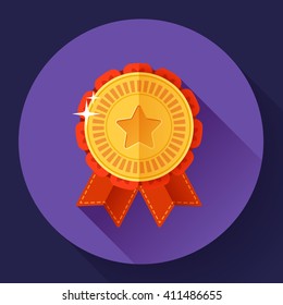 Gold medal with ribbons badge icon. Flat design style