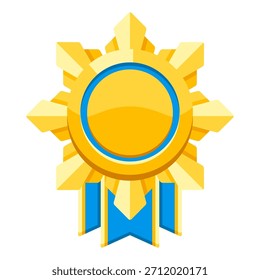 Medalla de oro con cintas y rayos. Premio del juego para los ganadores. Ilustración del premio para competiciones deportivas.
