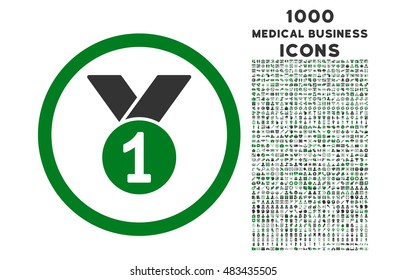 Gold Medal rounded vector bicolor icon with 1000 medical business icons. Set style is flat pictograms, green and gray colors, white background.