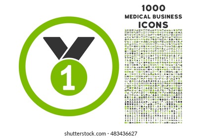 Gold Medal rounded vector bicolor icon with 1000 medical business icons. Set style is flat pictograms, eco green and gray colors, white background.