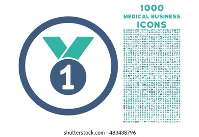 Gold Medal rounded vector bicolor icon with 1000 medical business icons. Set style is flat pictograms, cobalt and cyan colors, white background.