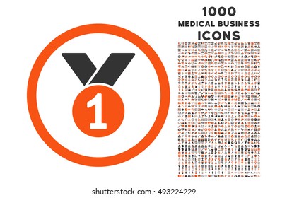Gold Medal rounded vector bicolor icon with 1000 medical business icons. Set style is flat pictograms, orange and gray colors, white background.