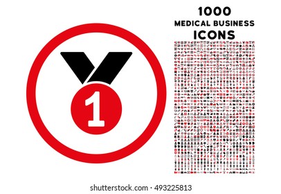 Gold Medal rounded vector bicolor icon with 1000 medical business icons. Set style is flat pictograms, intensive red and black colors, white background.