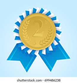 Gold medal for the second place. The trophy, the winner's reward. Gold badge. Achievement, the concept of victory. Vector illustration.Blue ribbon