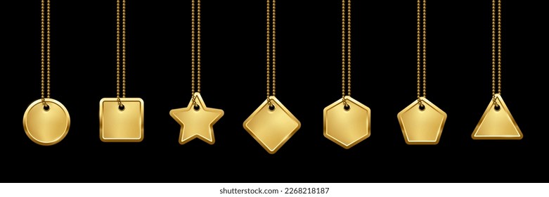 Gold medal set vector illustration. 3d golden necklaces with badges of square circle rectangle star shape hang on metal chain, glossy jewelry accessory, isolated dog or cat identification medallion.