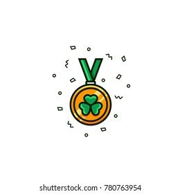 Gold medal with shamrock - flat color line icon on isolated background.  Vector illustration of clover - irish and St. Patrick's Day symbol. 