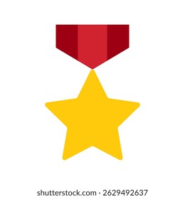 Gold medal in shape of star. Gold medal with red ribbon for winner isolated on transparent background. Gold. 1st place. Trophy with red ribbon. Flat style. Concept of victory, success, awarding. Order