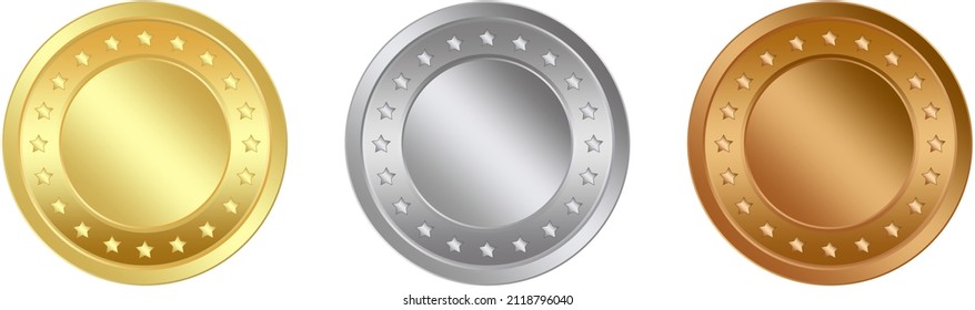 Medalla de oro, medalla de plata y medalla de bronce vectorial sobre espalda blanca aislada.
Ilustración vectorial con gradientes suaves y estrellas.