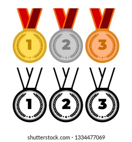 Gold Medal, Silver Medal, Bronze Medal Flat Illustration.