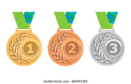 Gold medal, Silver medal and Bronze medal icon set. Vector isolated medals on white background