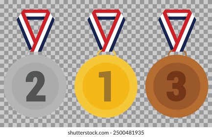 Gold medal, silver medal and bronze medal with ribbons in colors of French flag. Vector medal set on grid background