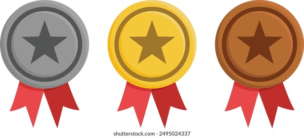 Gold medal, silver medal and bronze medal with stars. Flat style. Vector medal set on transparent background. 