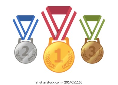 Gold medal, silver medal, bronze medal. Three medals vector illustration.