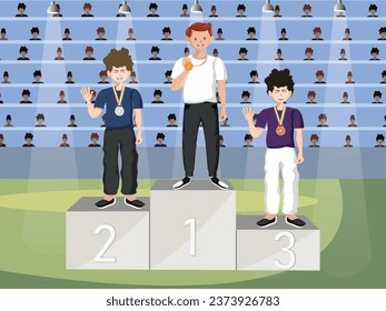 Gold Medal, Silver Medal and Bronze Medal Winners Standing on Podium in the Stadium Showing their Medals - Conceptual Illustration 