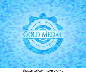 Gold Medal sky blue emblem with mosaic ecological style background. 