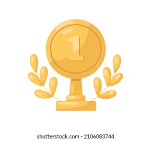 Gold medal stand, award for first place. Golden metal reward with number 1, gilded laurel leaf branch and leg. Winners champions prize. Flat graphic vector illustration isolated on white background