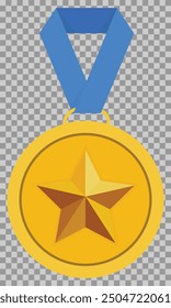 Gold medal with star and blue ribbon. Award medal isolated on grid background. Vector illustration in flat style