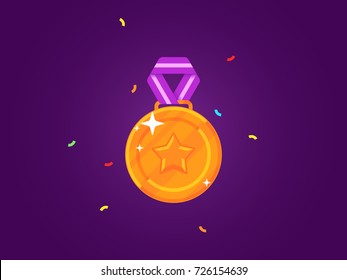 Gold medal with a star. Flat medal with ribbon. Vector illustration