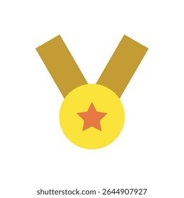  gold medal with star icon. Victory medal with yellow ribbon and red star, symbol of achievement.
