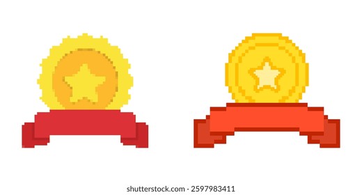 Gold Medal And Star Pixelated Icon Set. Pixel Art Symbol Collection Of Award Ribbons And Trophies. Isolated Vector Illustration.