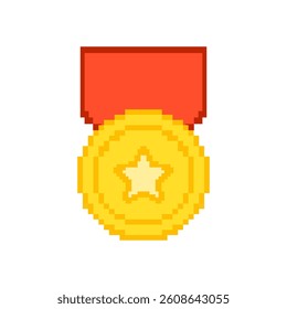 Gold Medal With Star Pixelated Icon. Pixel Art Symbol Of Award Ribbon And Medal Pixel Emblem Design. Isolated Vector Illustration.
