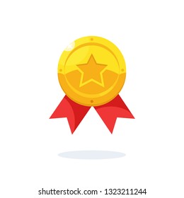 Gold medal with star, red ribbon for first place. Trophy, winner award isolated on background. Golden badge icon. Sport, business achievement, victory concept. Vector illustration. Flat style design