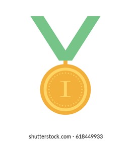 Gold medal with star and red ribbon. Winner award icon. Best choice badge. Vector illustration of first place