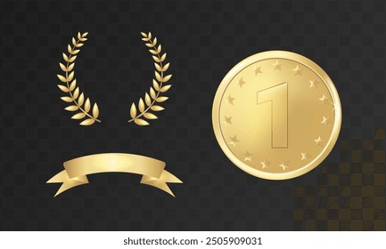 Gold medal with stars, ribbon, laurel wreath for awarding the winners. vector.
