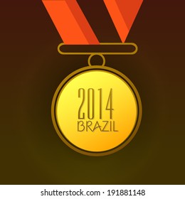 Gold medal with stylish text 2014 Brazil on brown background. 