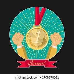 Gold medal surrounded by rays and two hands clenched into a fist. At the bottom of the image is a ribbon that says Success. Icon, symbol, sign, emblem. Vector illustration