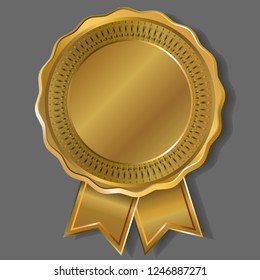 Gold medal. Medal template. Golden badge with ribbons. Vector illustration.
