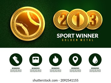 Gold medal of tennis for winner with infographic icons, Sport winning medals for first second and third place banner
