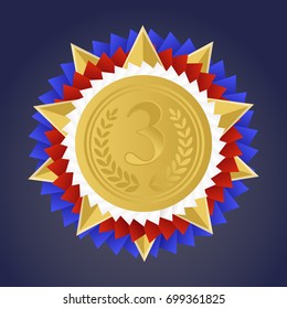 Gold medal for the third place. The trophy, the winner's reward. Gold badge. Achievement, the concept of victory. Vector illustration. 