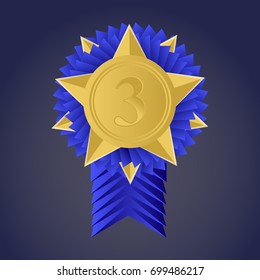 Gold medal for the third place. The trophy, the winner's reward. Gold badge. Achievement, the concept of victory. Vector illustration.