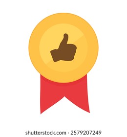 Gold medal with thumbs up and red ribbon. Vector illustration isolated on a white background